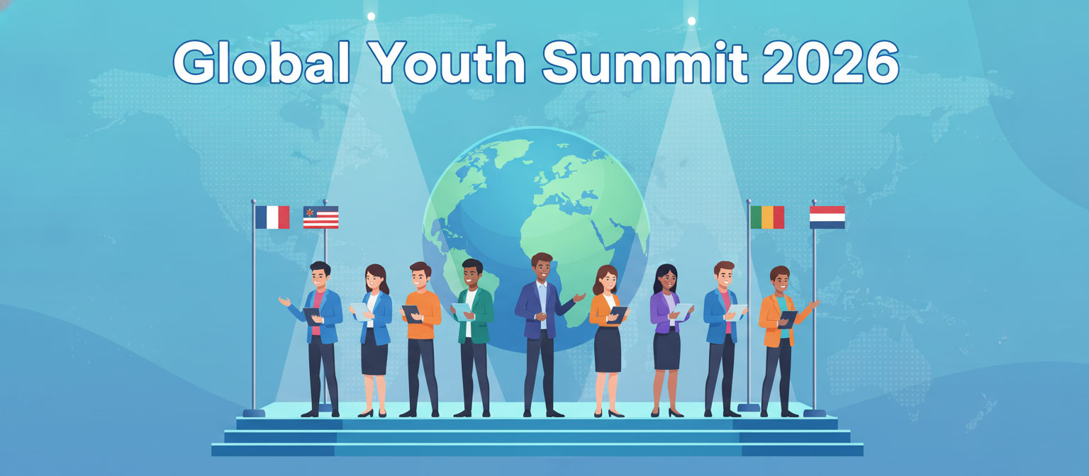Global Youth Summit 2026 illustration with young leaders and a world globe