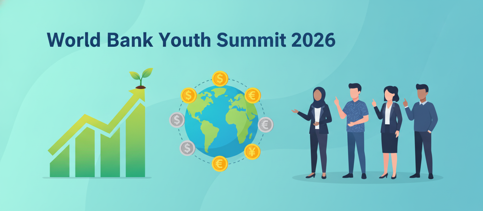 World Bank Youth Summit 2026 illustration with a growth chart, globe and young professionals