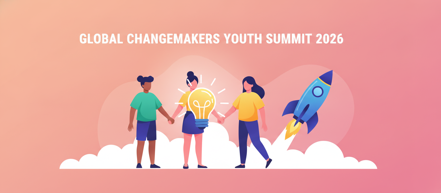 Global Changemakers Youth Summit 2026 illustration with a lightbulb, joined hands and a rocket