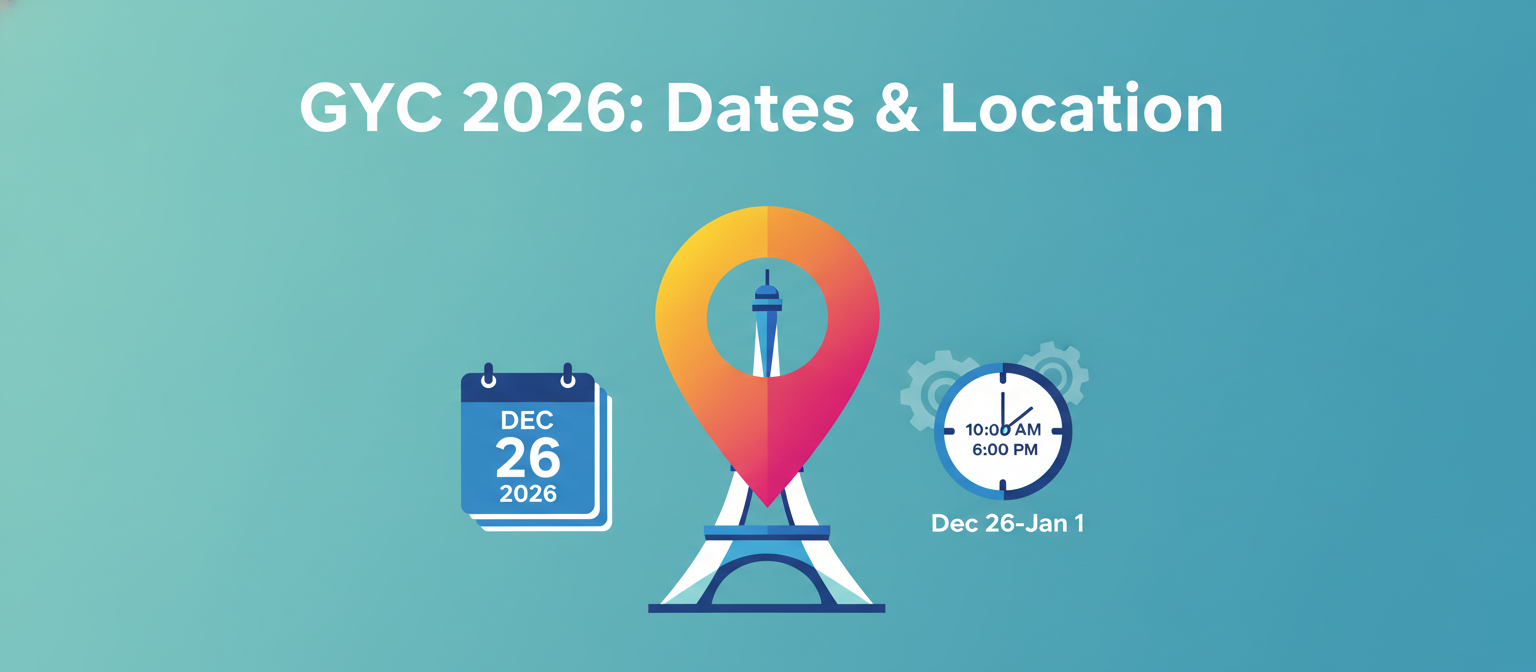 GYC 2026 location illustration with a Paris map pin, Eiffel Tower and calendar