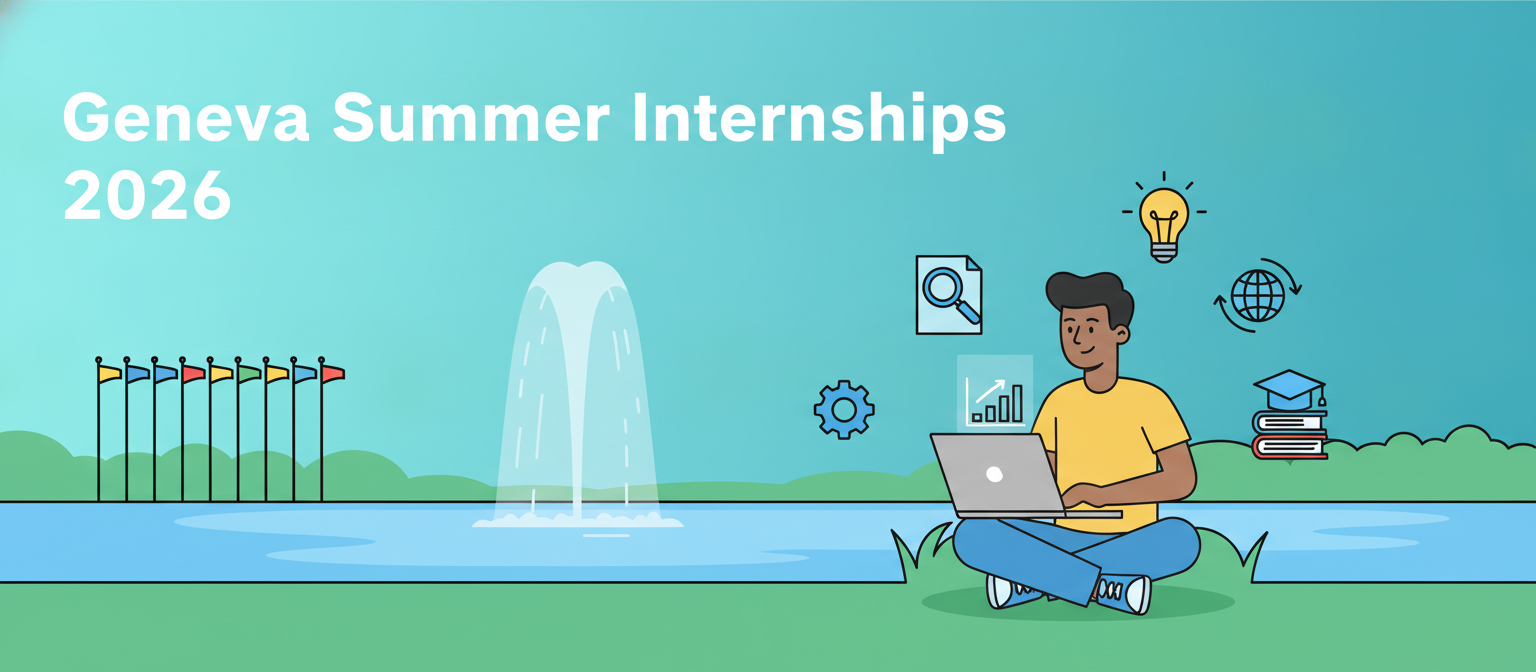 Geneva summer internships 2026 illustration with an intern, Lake Geneva and flags