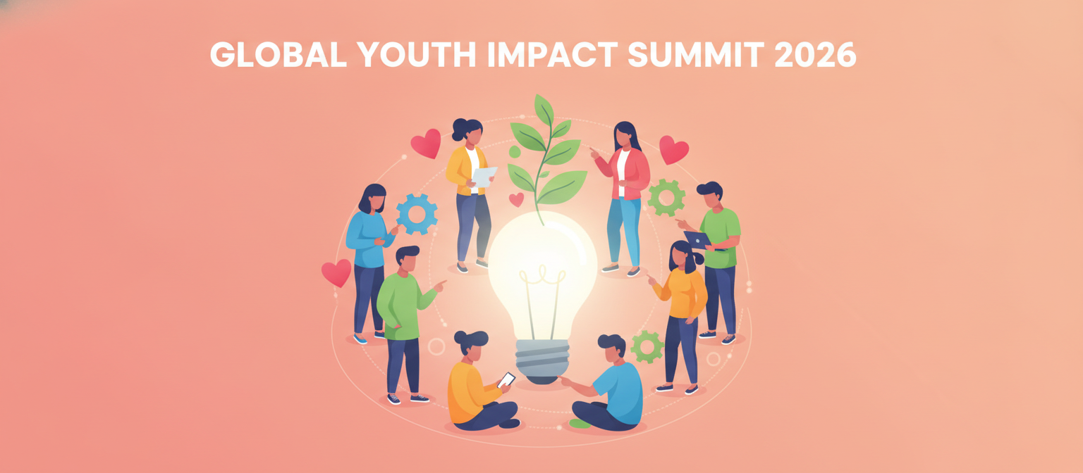Global Youth Impact Summit 2026 illustration with young people, a lightbulb and a growing plant