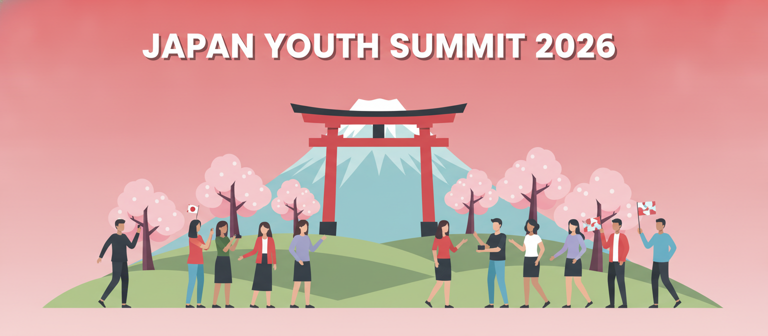 Japan Youth Summit 2026 illustration with Mount Fuji, a torii gate and young people