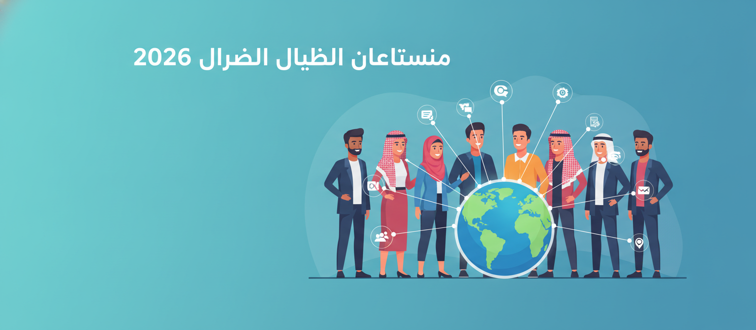 Global Youth Forum 2026 Arabic illustration with young leaders and a globe