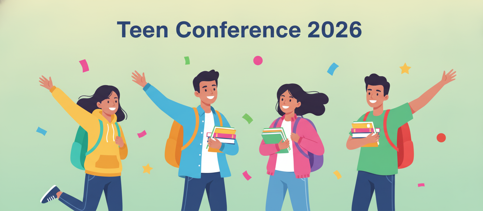 Teen Conference 2026 illustration of cheerful teenagers at a youth event
