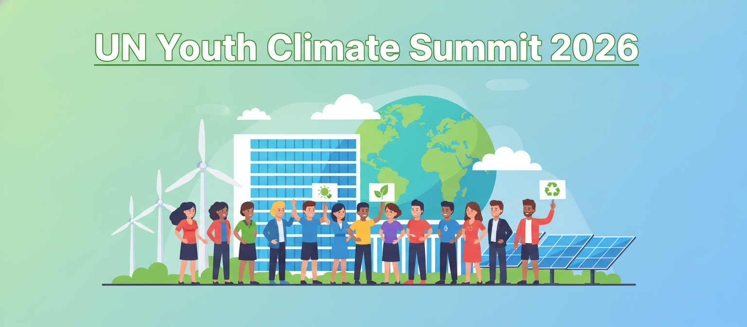 UN Youth Climate Summit 2026 illustration with young advocates, a UN building and green energy