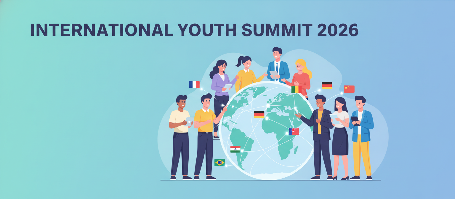 International Youth Summit 2026 illustration with delegates around a globe