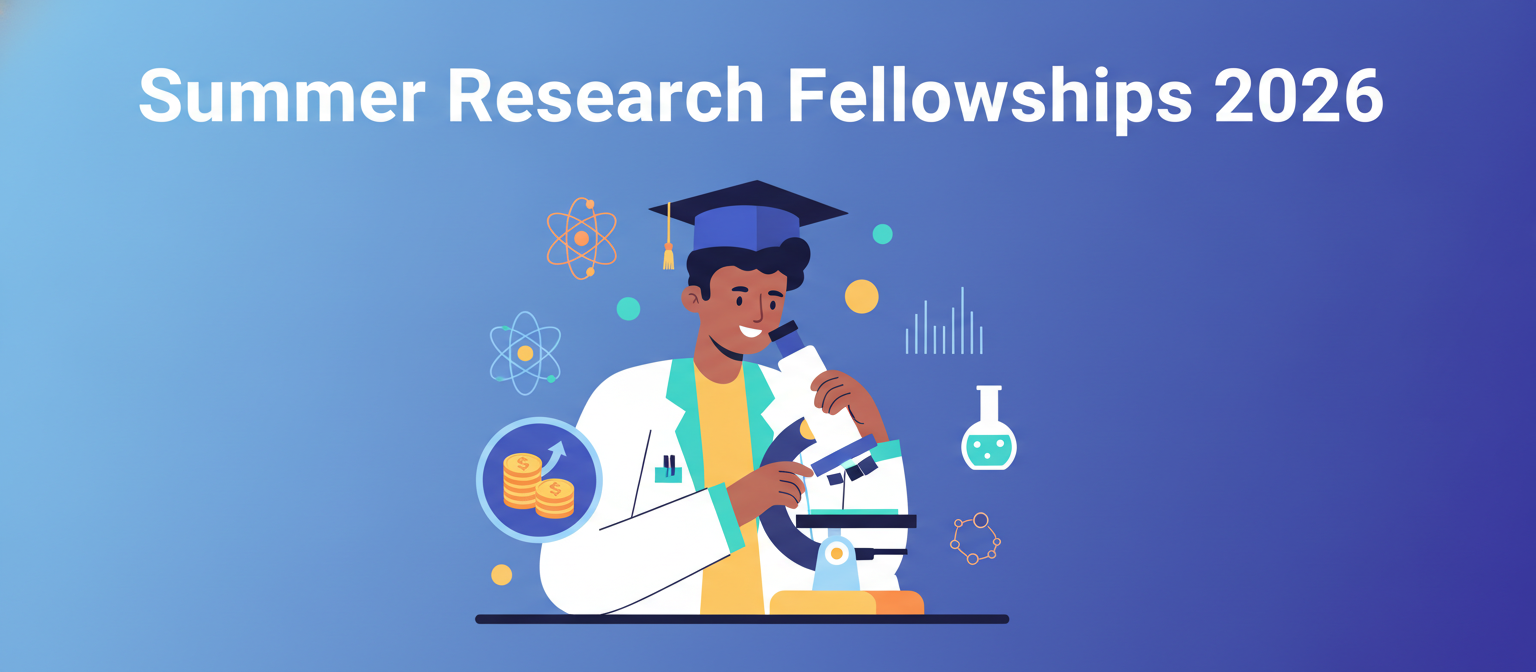 Summer research fellowships 2026 illustration with a researcher, graduation cap and stipend
