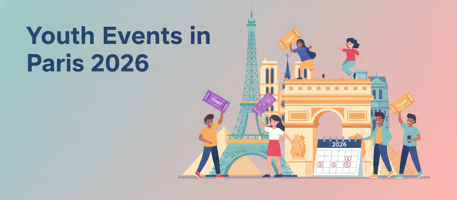 Youth Events in Paris 2026 illustration with Paris landmarks and young people