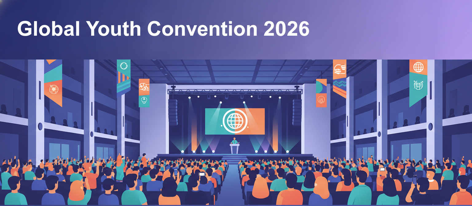 Global Youth Convention 2026 illustration of a large convention hall with a crowd