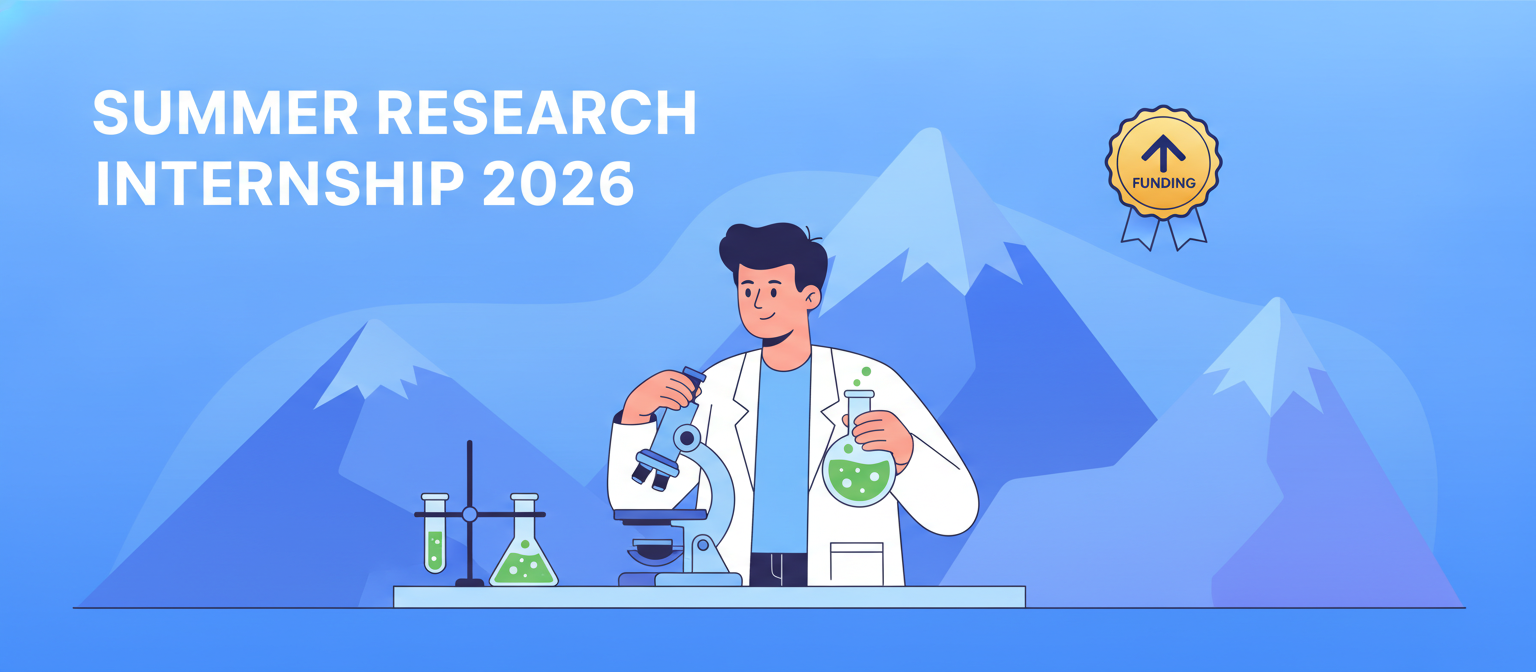 Summer research internship 2026 illustration with a student researcher and microscope