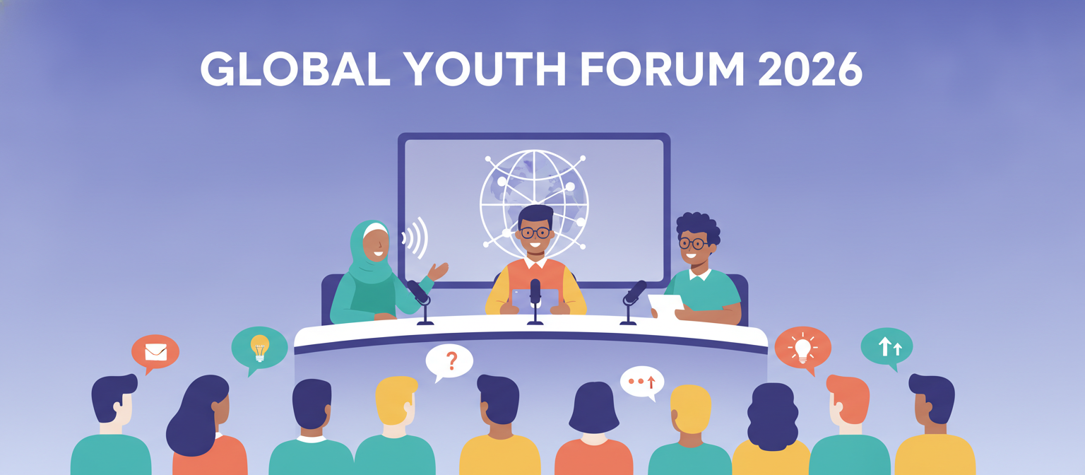 Global Youth Forum 2026 illustration of a panel discussion with speakers and audience