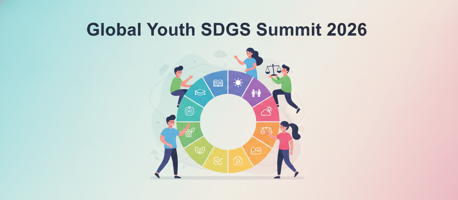Global Youth SDGs Summit 2026 illustration with young people and an SDG goals wheel