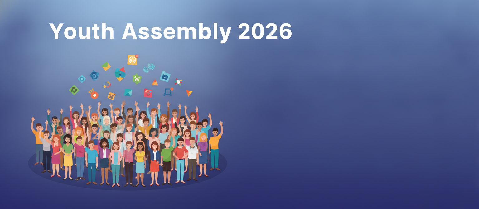Youth Assembly 2026 illustration of a large youth assembly with diverse delegates