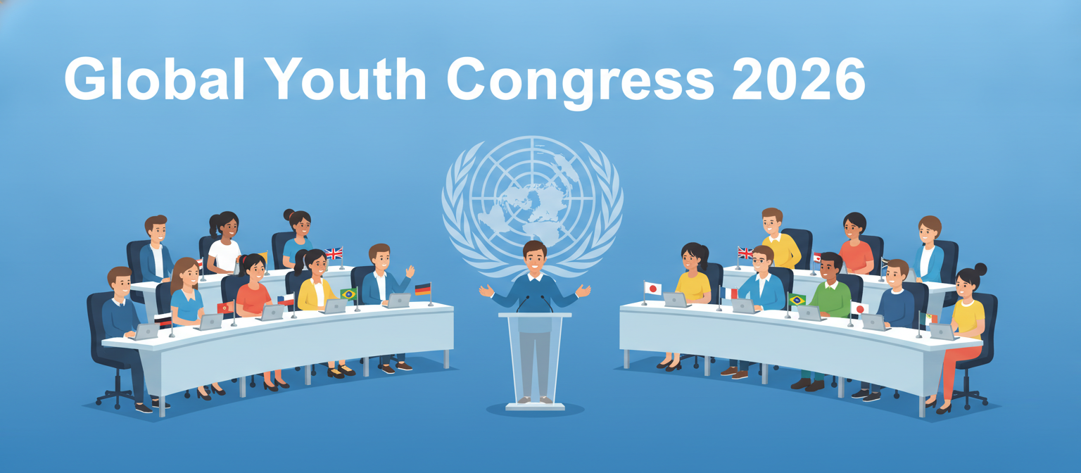 Global Youth Congress 2026 illustration of a UN-style youth assembly with delegates