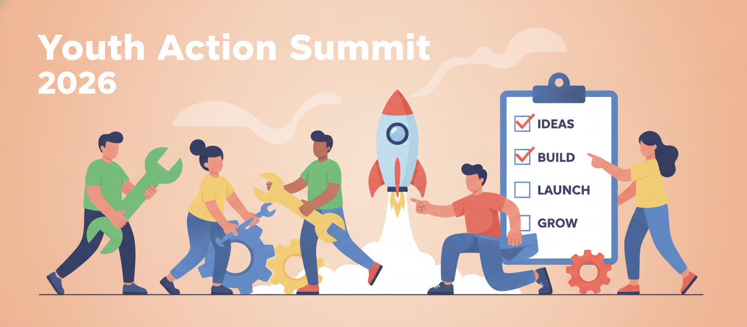 Youth Action Summit 2026 illustration of young people taking action with tools and a rocket