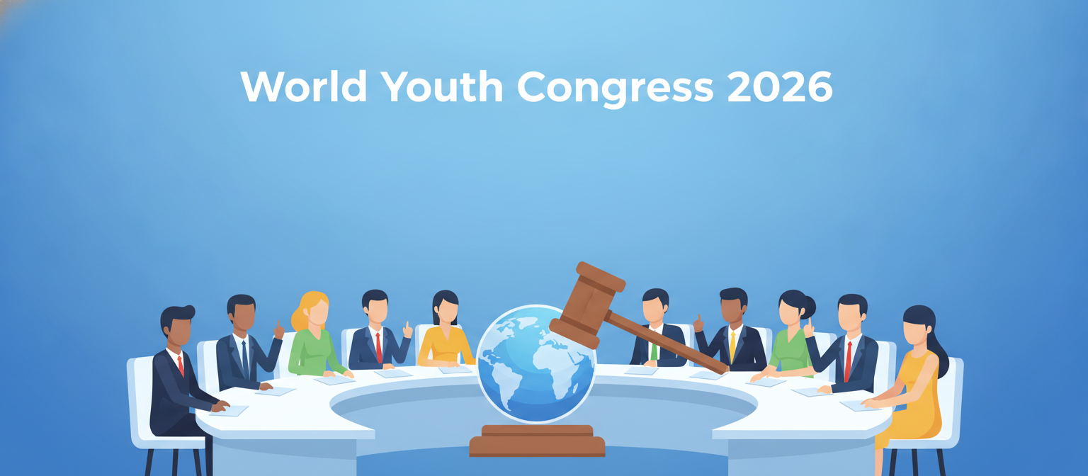 World Youth Congress 2026 illustration of a global youth assembly with a gavel and globe