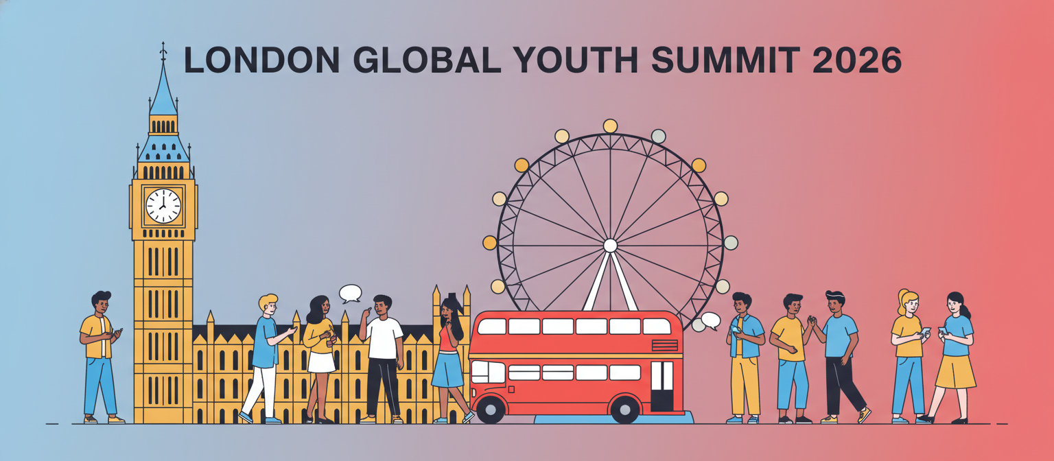 London Global Youth Summit 2026 illustration with Big Ben, the London Eye and young people