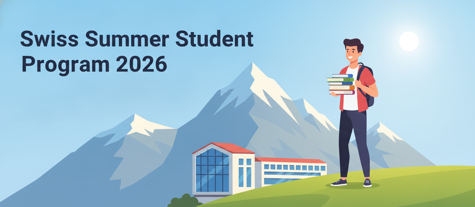 Swiss Summer Student Program 2026 illustration with a student, Alps and university