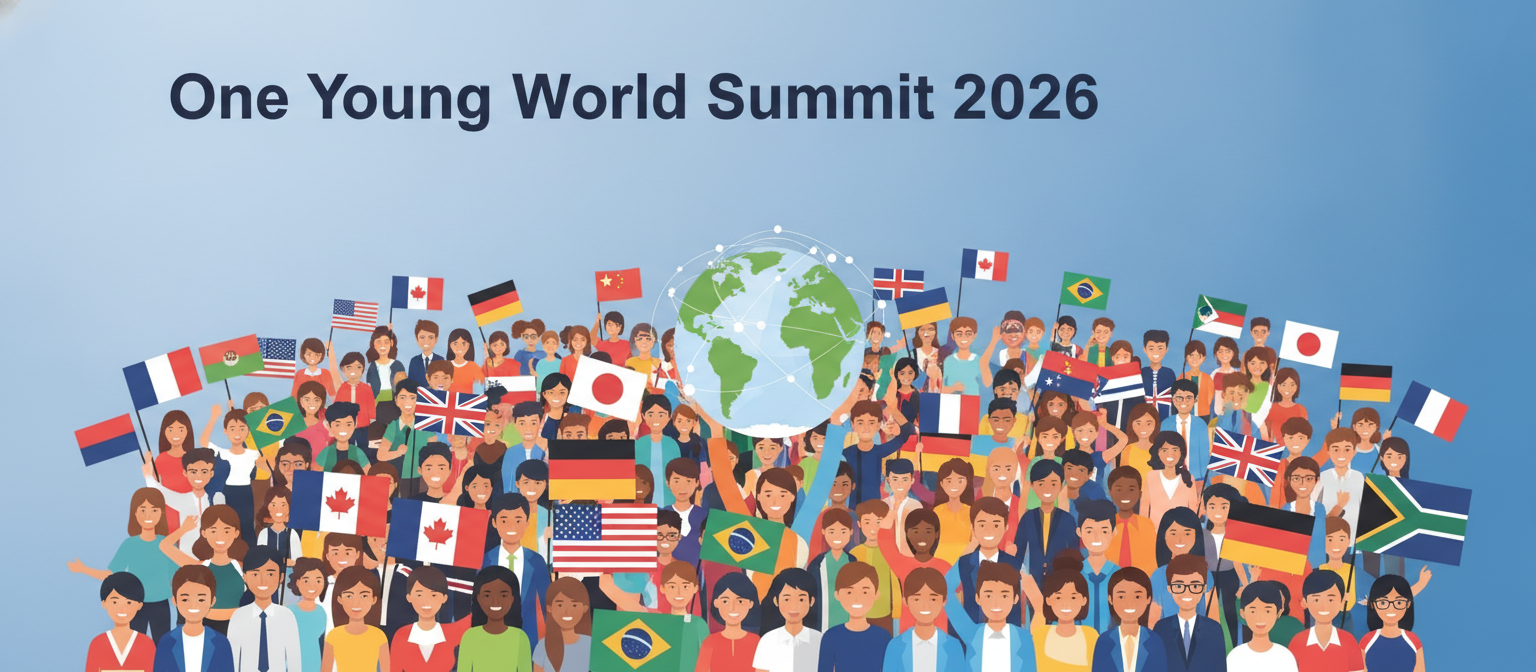 One Young World Summit 2026 illustration of diverse delegates with international flags
