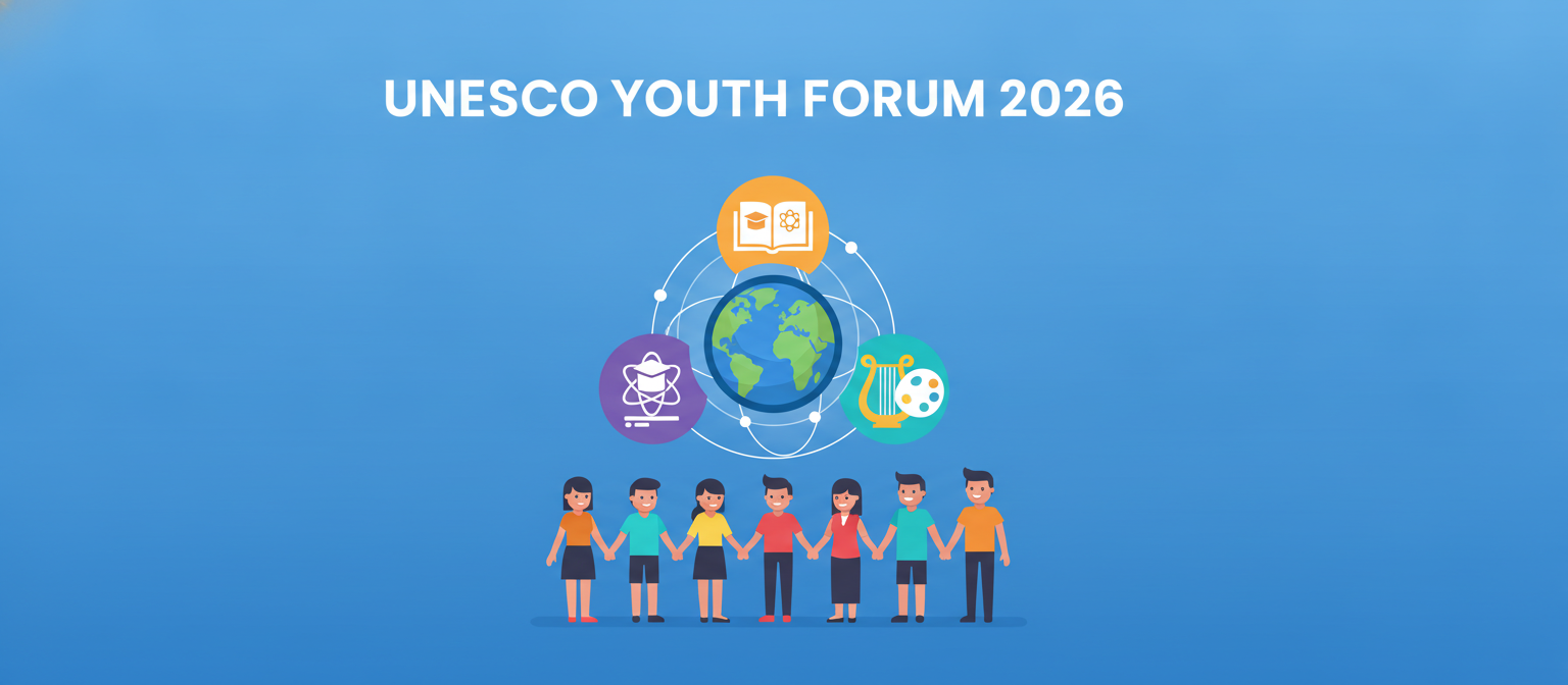 UNESCO Youth Forum 2026 illustration with education, science and culture icons and youth