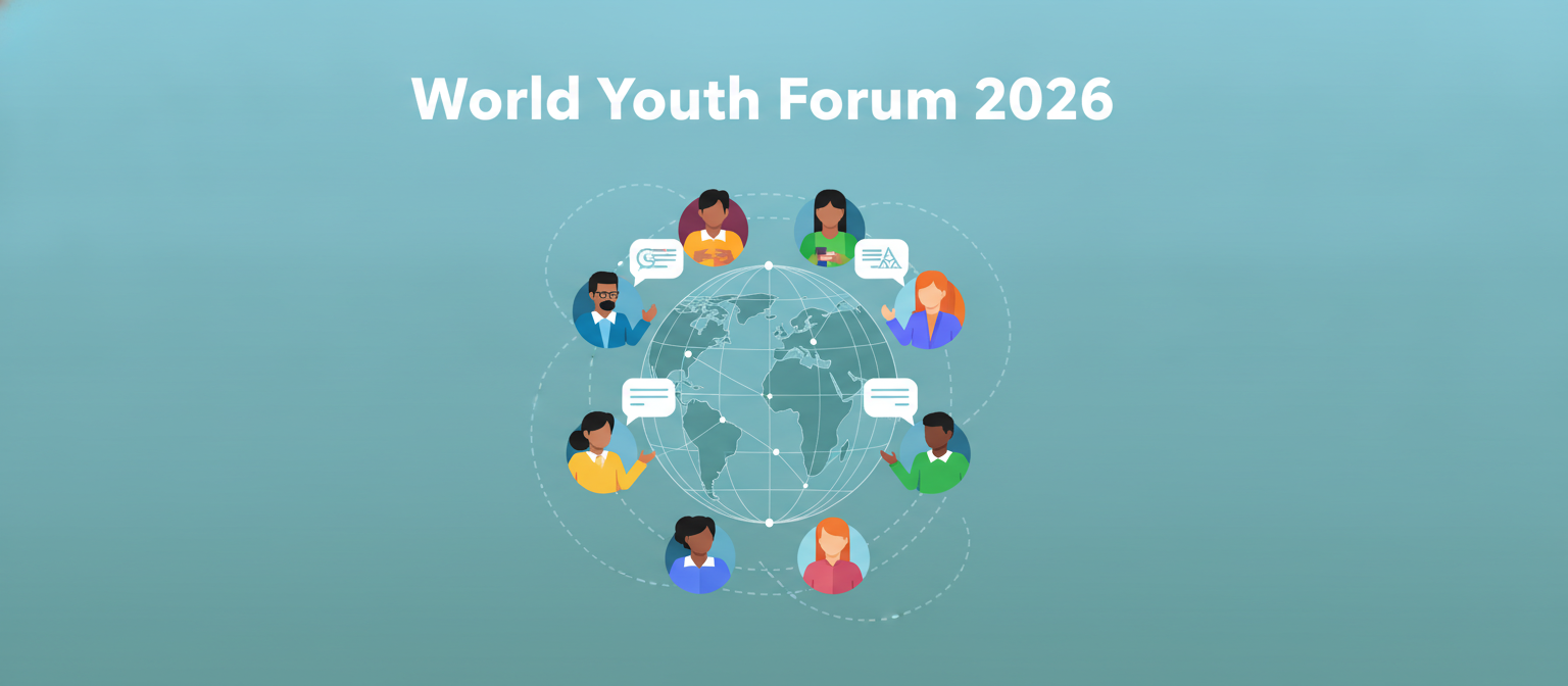 World Youth Forum 2026 illustration of diverse delegates in dialogue with a globe