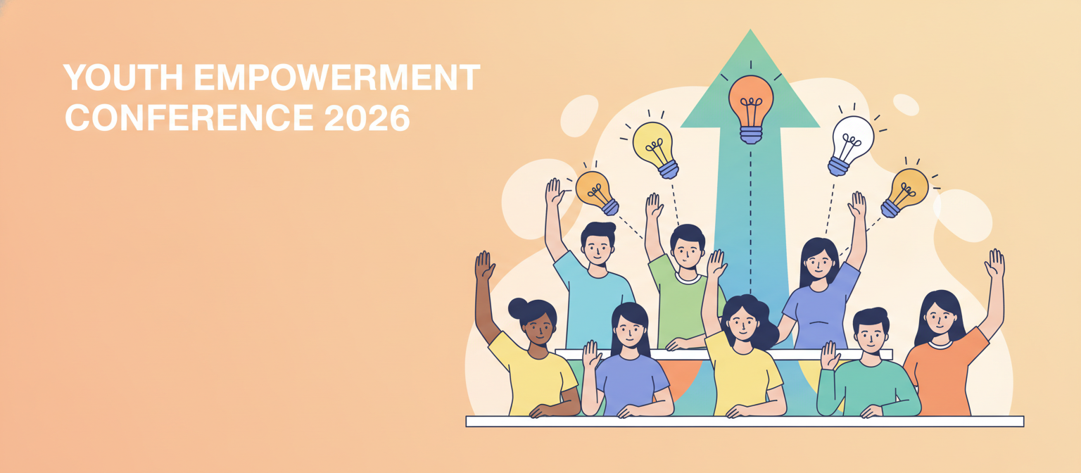 Youth Empowerment Conference 2026 illustration of young people with raised hands in a workshop