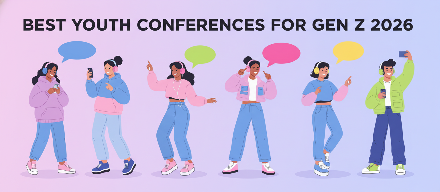 Best youth conferences for Gen Z 2026 illustration of trendy young people with phones