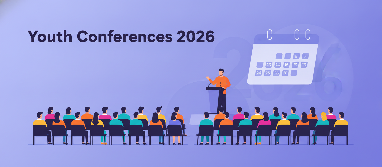 Youth Conferences 2026 illustration of a conference hall with young attendees