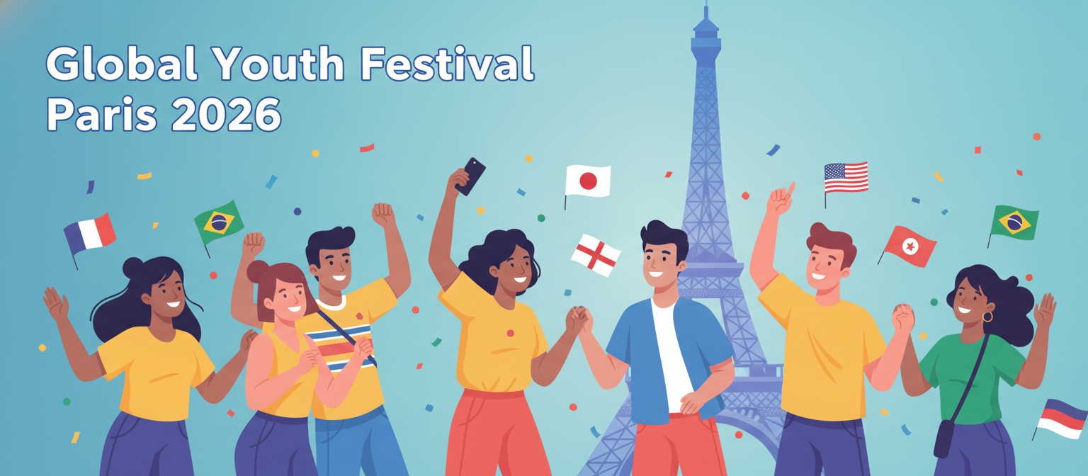 Global Youth Festival Paris 2026 illustration with young people and the Eiffel Tower