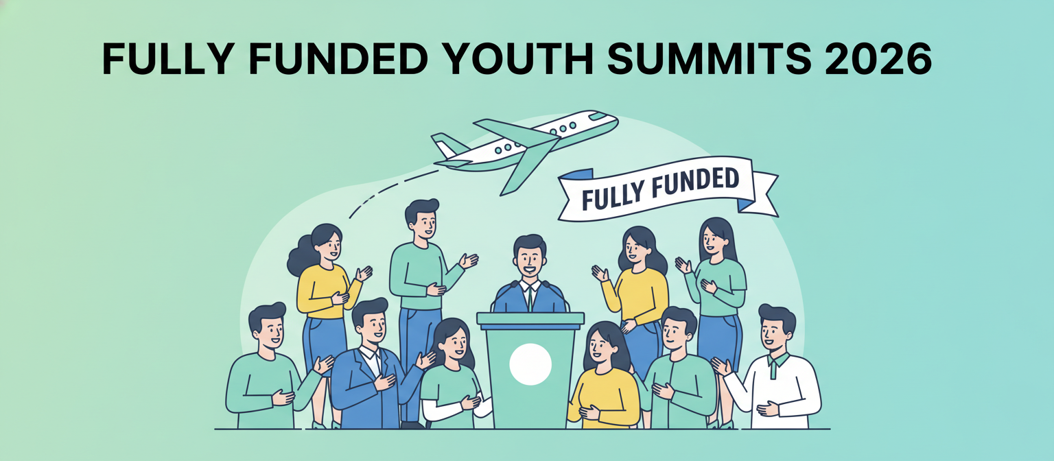 Fully funded youth summits 2026 illustration with a summit stage, airplane and funded ribbon