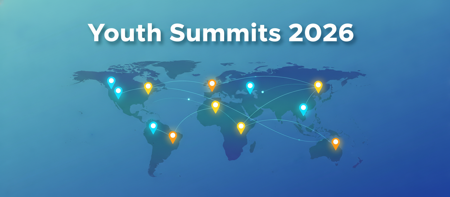 Youth Summits 2026 illustration of a world map with location pins across continents