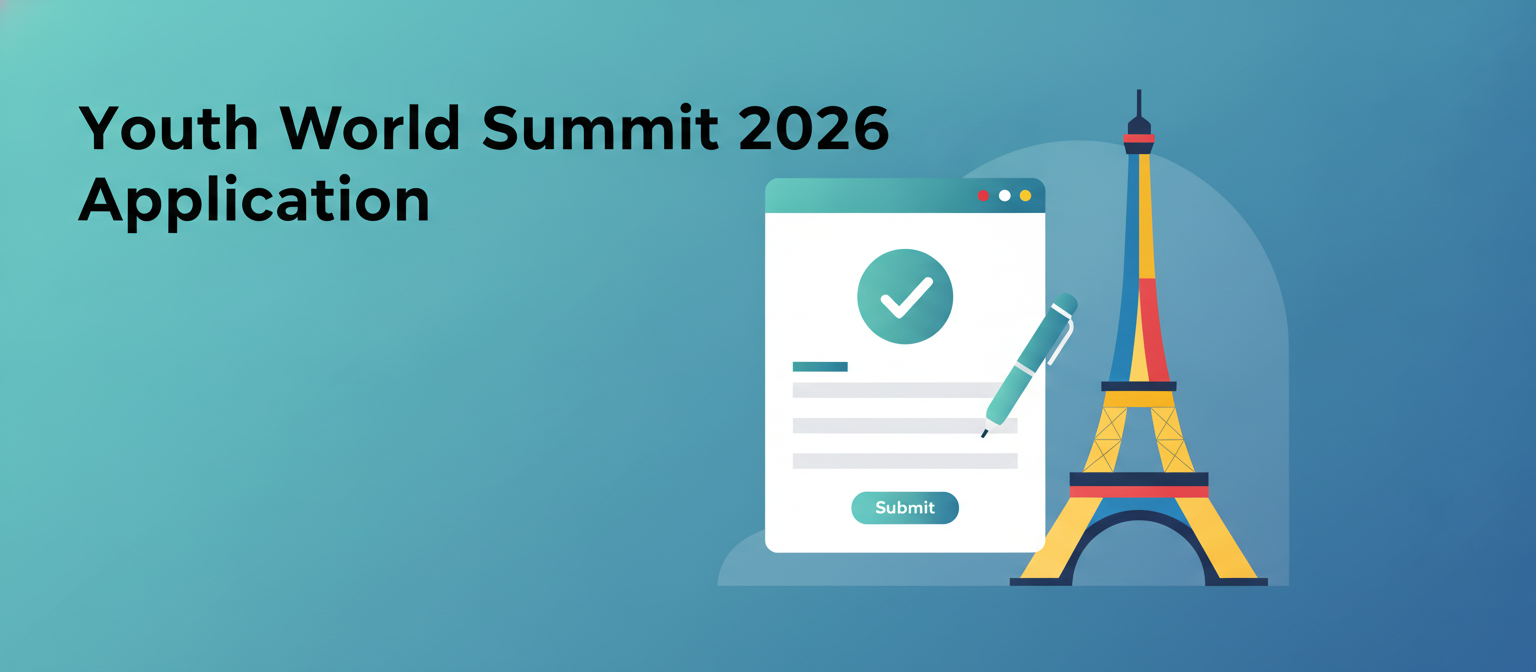 Youth World Summit 2026 application illustration with a form, checkmark and Eiffel Tower