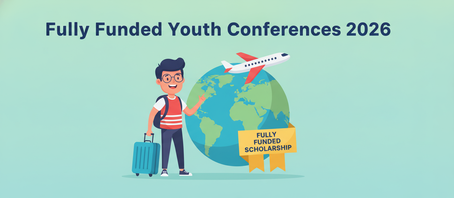 Fully funded youth conferences 2026 illustration with a student, airplane and scholarship badge